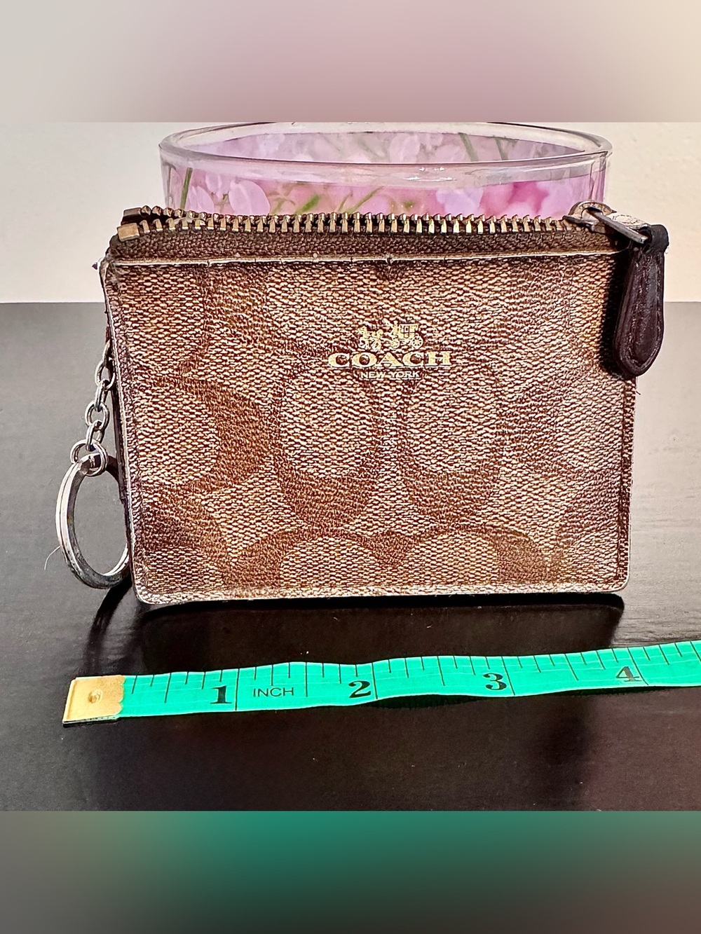 Coach Brown Signature Zip Card Case with Key Ring